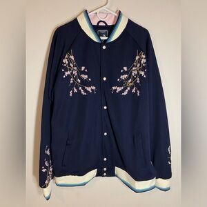 Prps Cherry Blossom Embroidered Letterman Jacket Navy Blue Pearl Snap - Size XXL